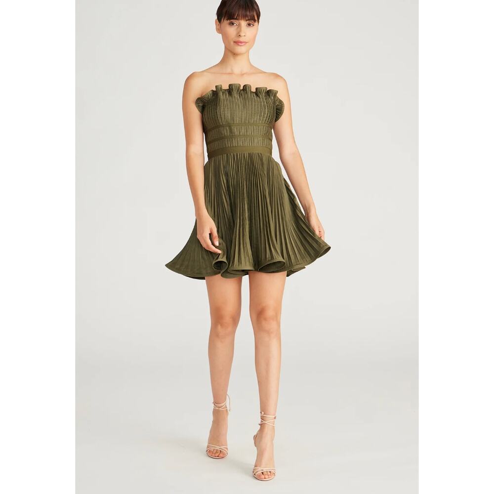 Amur Lorena Strapless Mini Dress Olive Green Pleated Ruffle Women Size 4